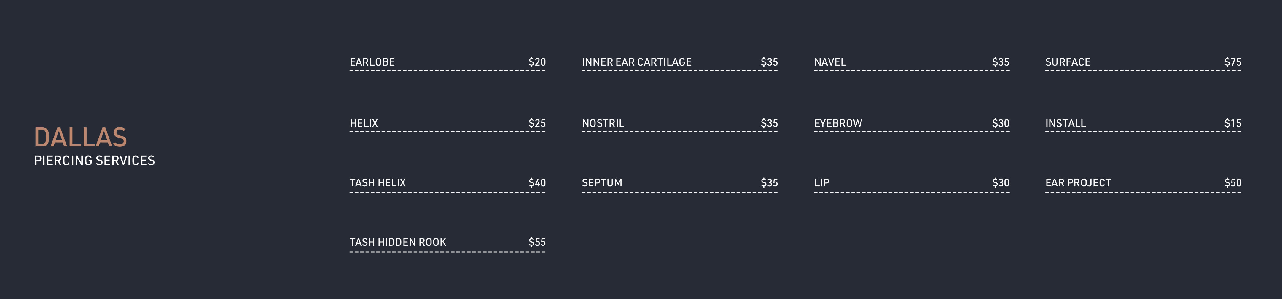 Dallas Piercing prices for earlobe, helix, body, nostril, nipple, cartilage piercings