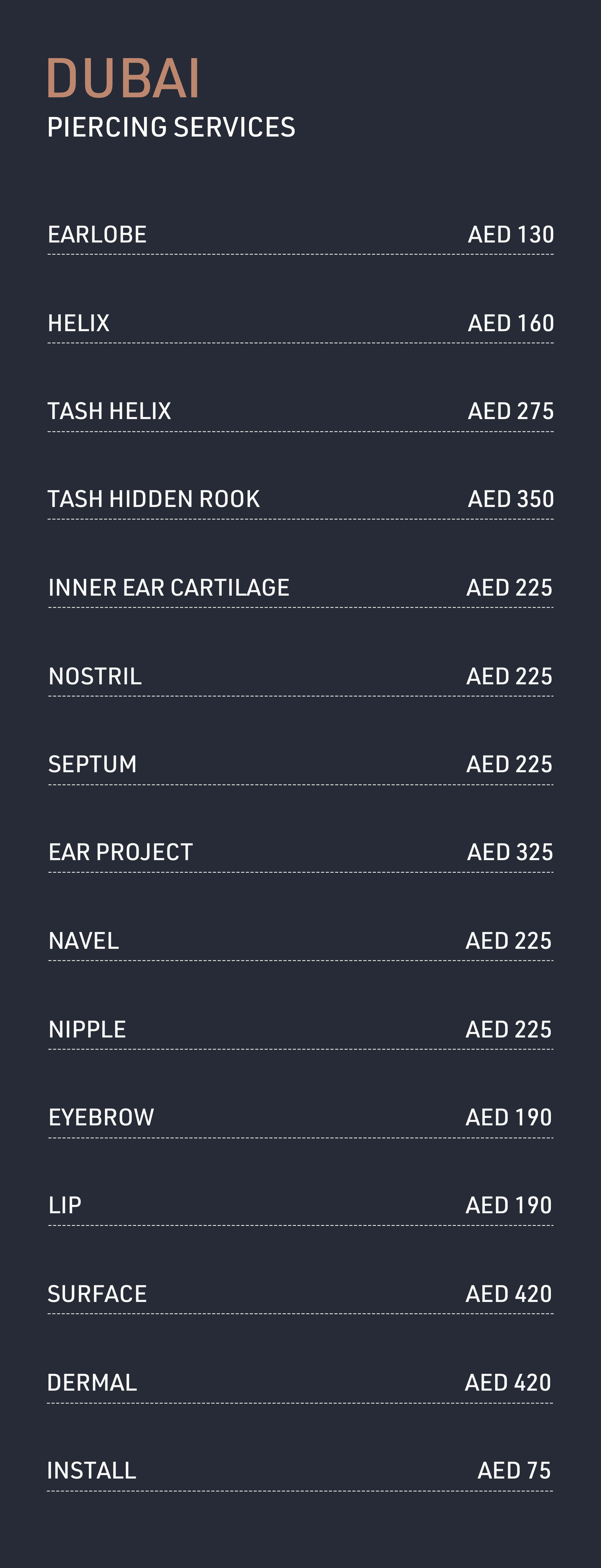 Dubai Piercing prices for earlobe, helix, body, nostril, nipple, cartilage piercings